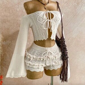 Cream Off-Shoulder Knit Set